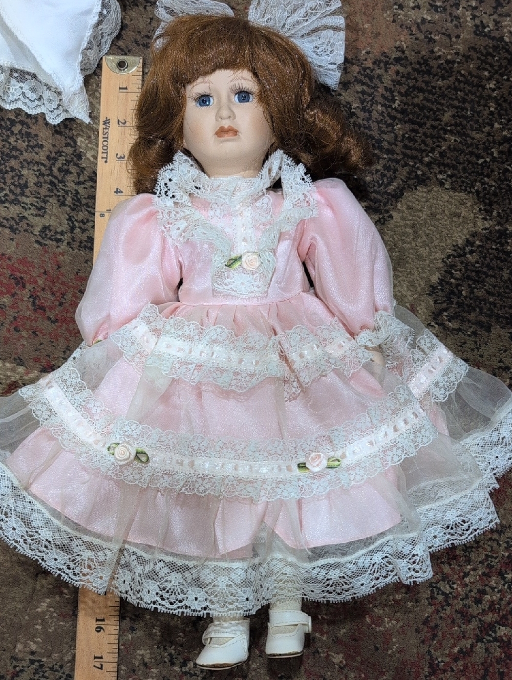 Porcelain Doll in Pink Lace Dress -